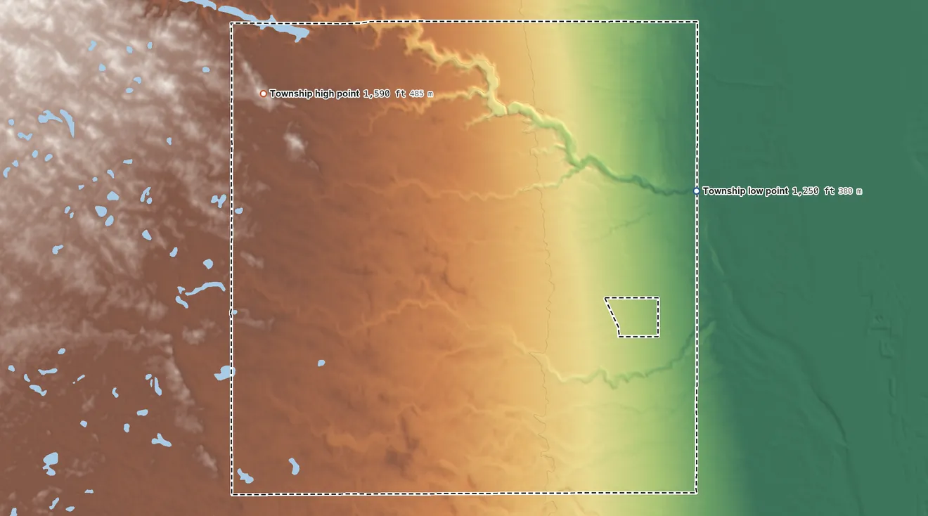 Topographic elevation map of Norton Township, North Dakota, shaded from 1,250 ft on the east side to 1,590 ft on the northwest side