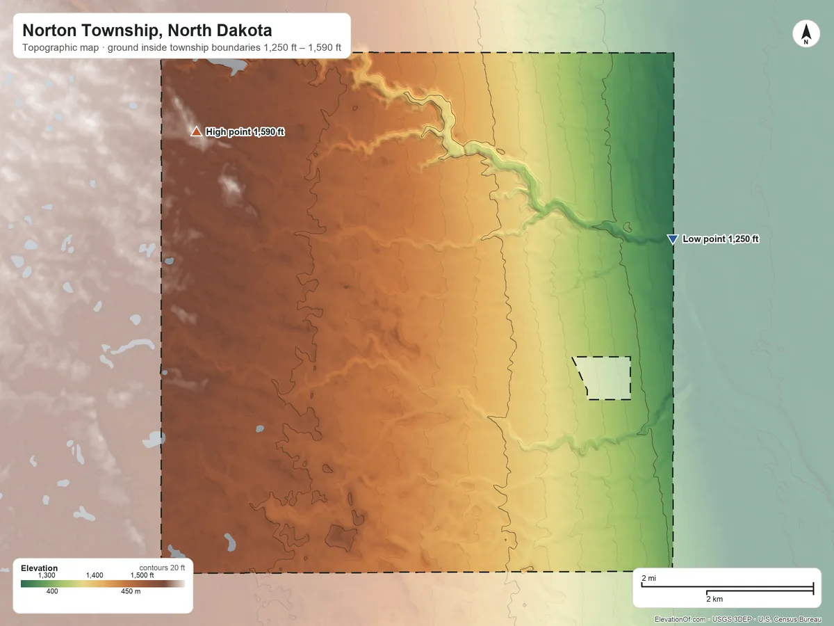 Topographic elevation map of Norton Township, North Dakota, shaded from 1,250 ft on the east side to 1,590 ft on the northwest side
