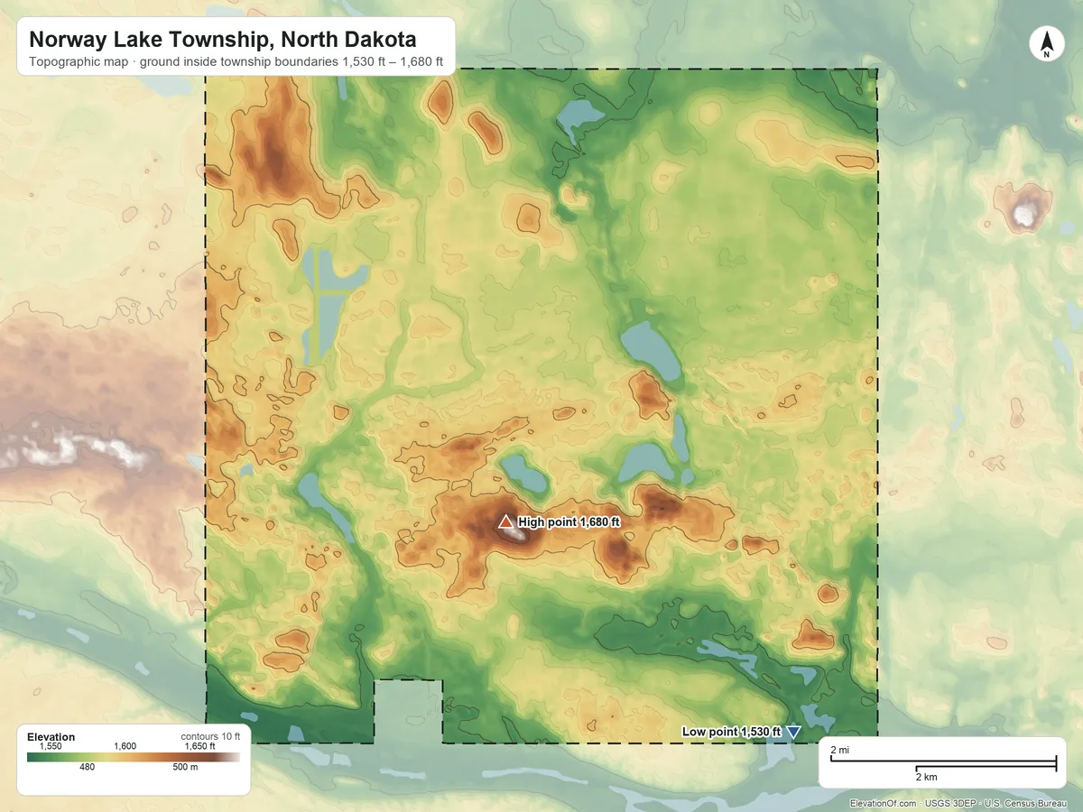 Topographic elevation map of Norway Lake Township, North Dakota, shaded from 1,530 ft on the southeast side to 1,680 ft on the southwest side