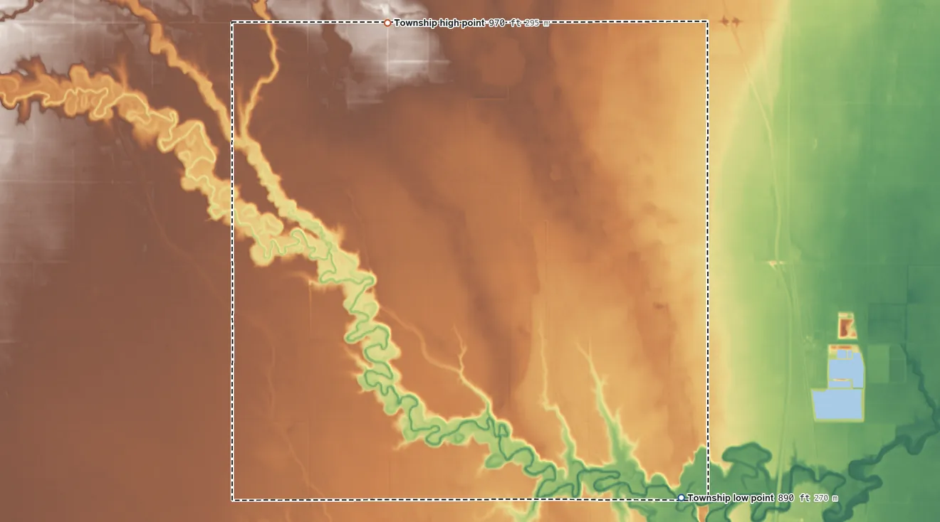 Topographic elevation map of Norway Township, North Dakota, shaded from 890 ft on the southeast side to 970 ft on the north side
