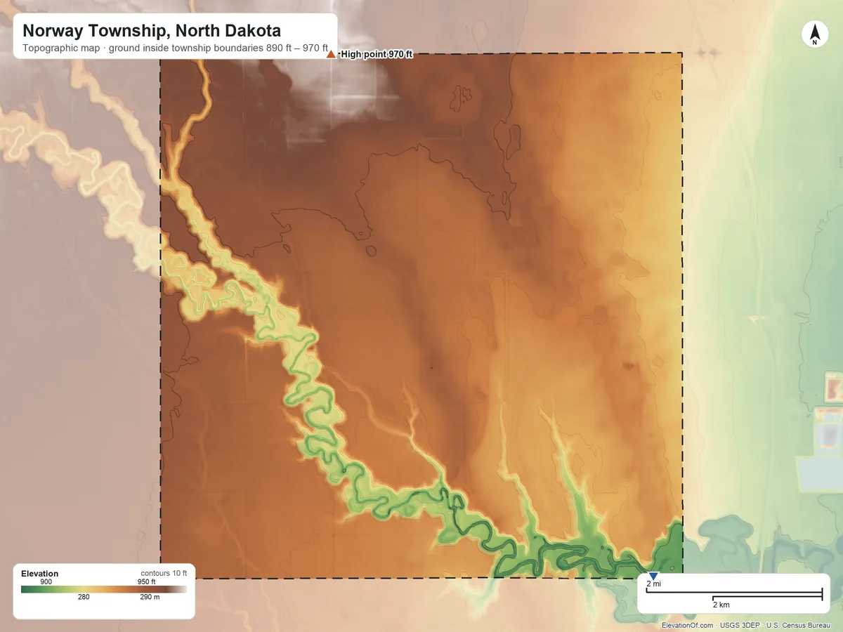 Topographic elevation map of Norway Township, North Dakota, shaded from 890 ft on the southeast side to 970 ft on the north side