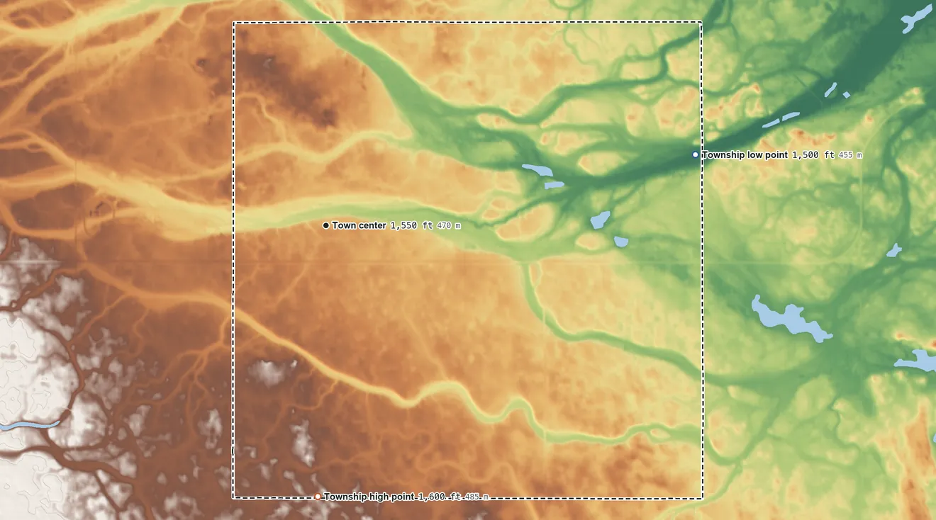 Topographic elevation map of Norwich Township, North Dakota, shaded from 1,500 ft on the east side to 1,600 ft on the south side