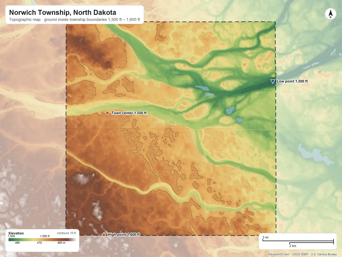 Topographic elevation map of Norwich Township, North Dakota, shaded from 1,500 ft on the east side to 1,600 ft on the south side