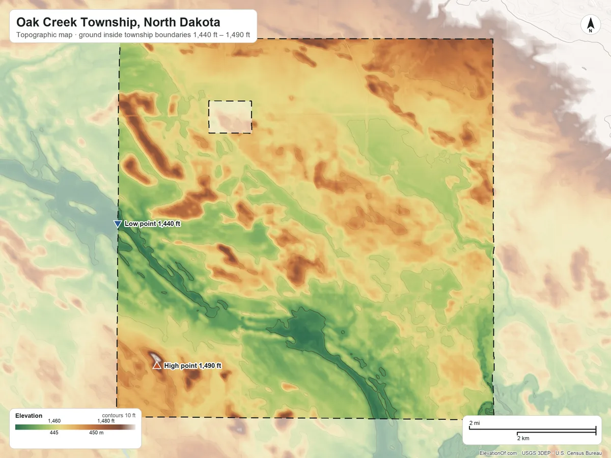 Topographic elevation map of Oak Creek Township, North Dakota, shaded from 1,440 ft on the west side to 1,490 ft on the southwest side