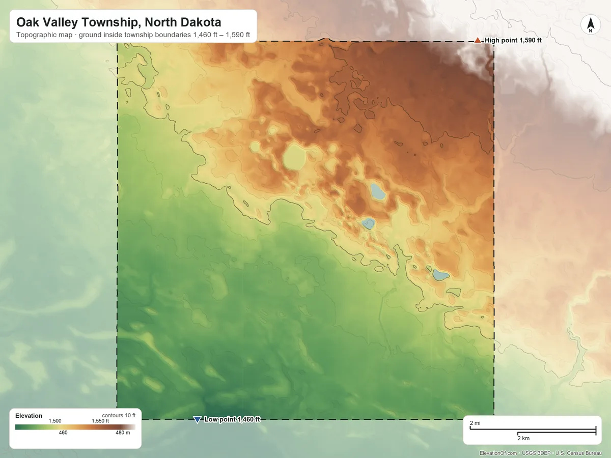 Topographic elevation map of Oak Valley Township, North Dakota, shaded from 1,460 ft on the southwest side to 1,590 ft on the northeast side