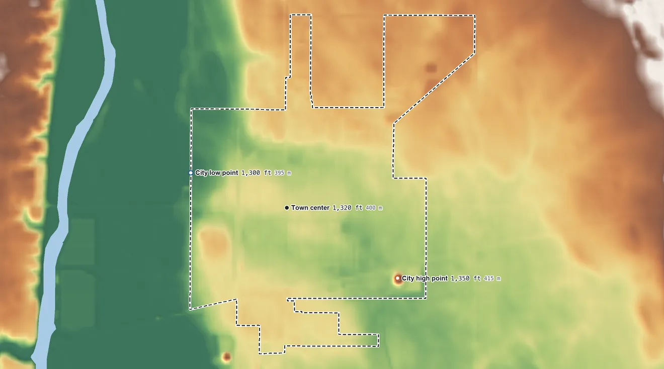 Topographic elevation map of Oakes, North Dakota, shaded from 1,300 ft on the west side to 1,350 ft on the southeast side