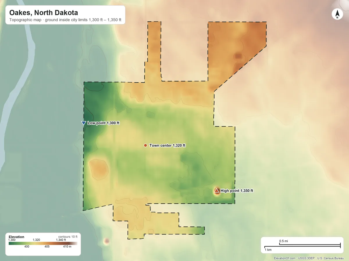 Topographic elevation map of Oakes, North Dakota, shaded from 1,300 ft on the west side to 1,350 ft on the southeast side