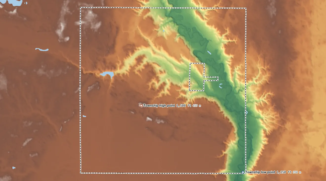 Topographic elevation map of Oakhill Township, North Dakota, shaded from 1,150 ft on the southeast side to 1,500 ft near the middle
