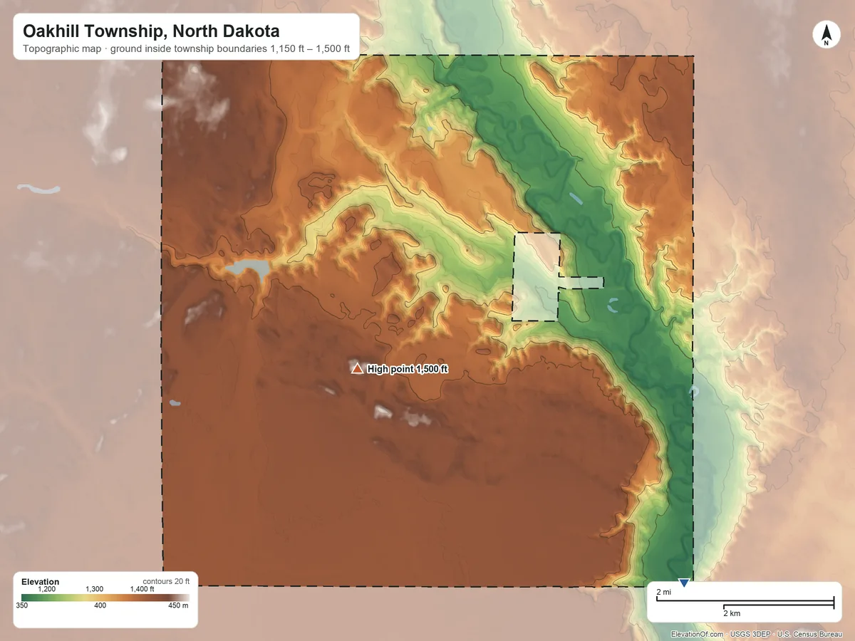 Topographic elevation map of Oakhill Township, North Dakota, shaded from 1,150 ft on the southeast side to 1,500 ft near the middle