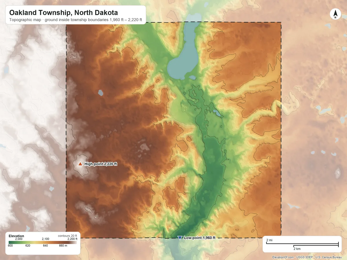 Topographic elevation map of Oakland Township, North Dakota, shaded from 1,960 ft on the south side to 2,220 ft on the west side