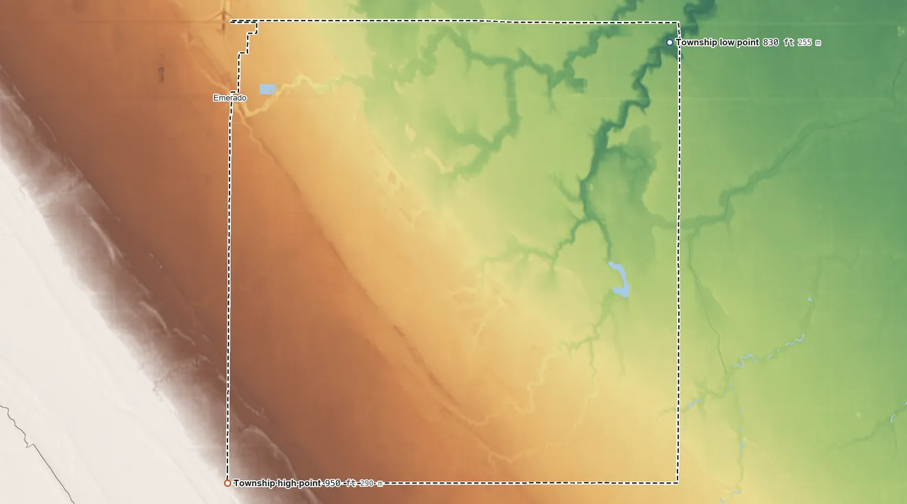 Topographic elevation map of Oakville Township, North Dakota, shaded from 830 ft on the northeast side to 950 ft on the southwest side