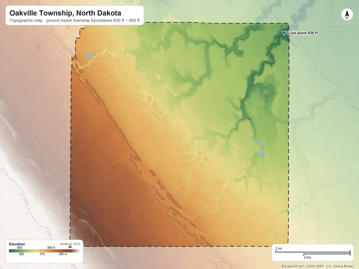 Topographic elevation map of Oakville Township, North Dakota, shaded from 830 ft on the northeast side to 950 ft on the southwest side