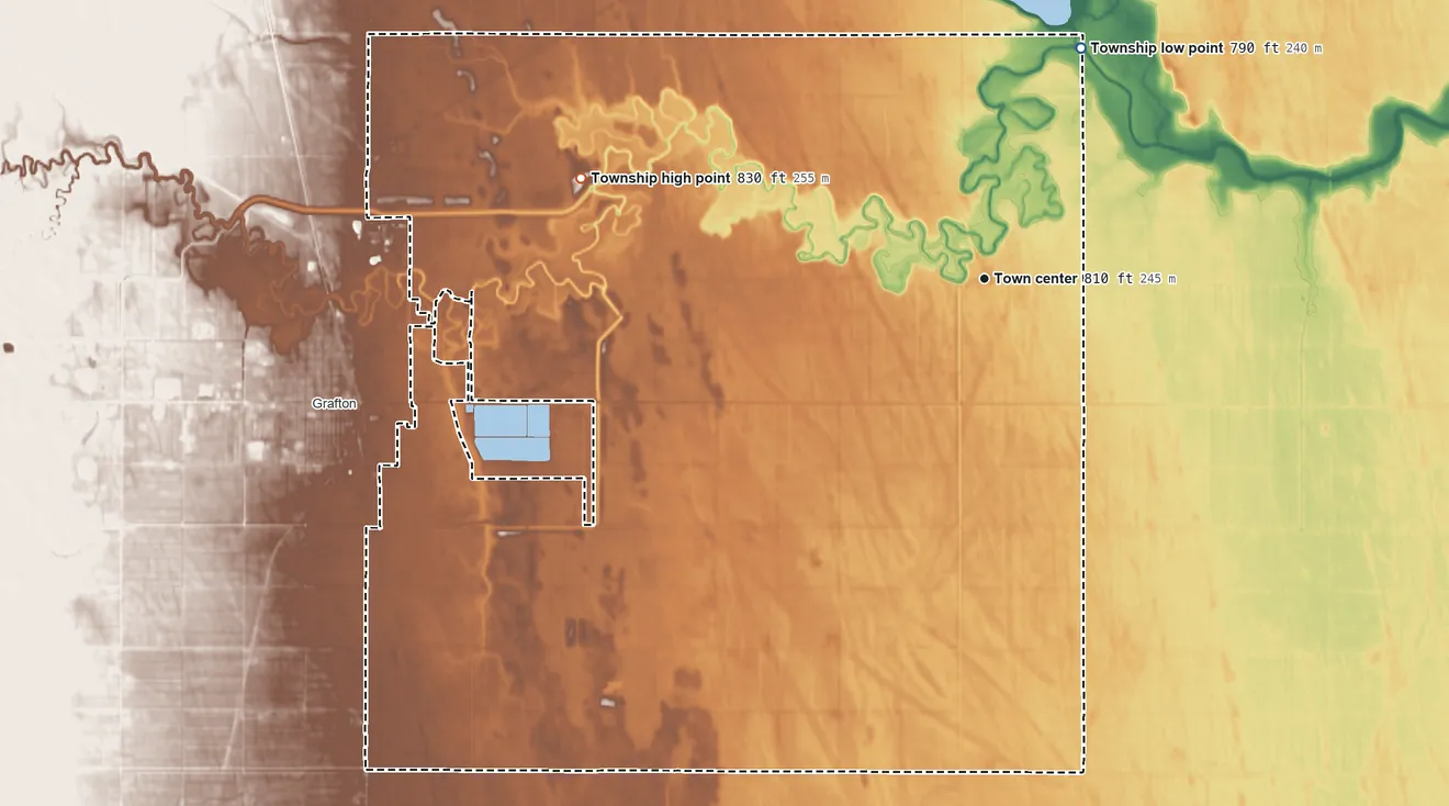 Topographic elevation map of Oakwood Township, North Dakota, shaded from 790 ft on the northeast side to 830 ft on the west side