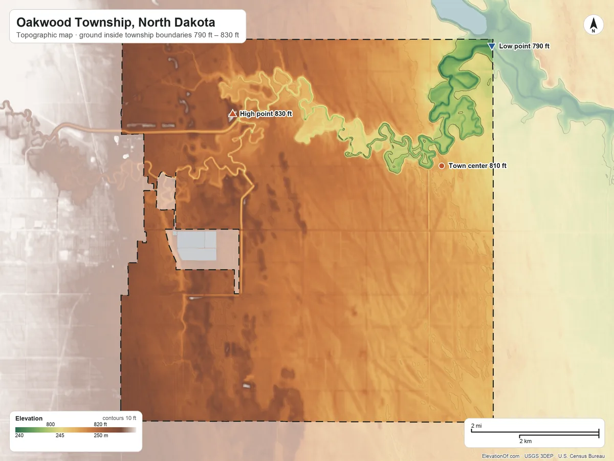 Topographic elevation map of Oakwood Township, North Dakota, shaded from 790 ft on the northeast side to 830 ft on the west side