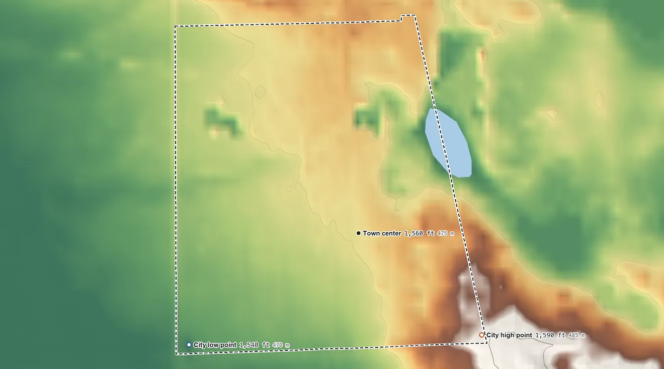 Topographic elevation map of Oberon, North Dakota, shaded from 1,540 ft on the southwest side to 1,590 ft on the southeast side