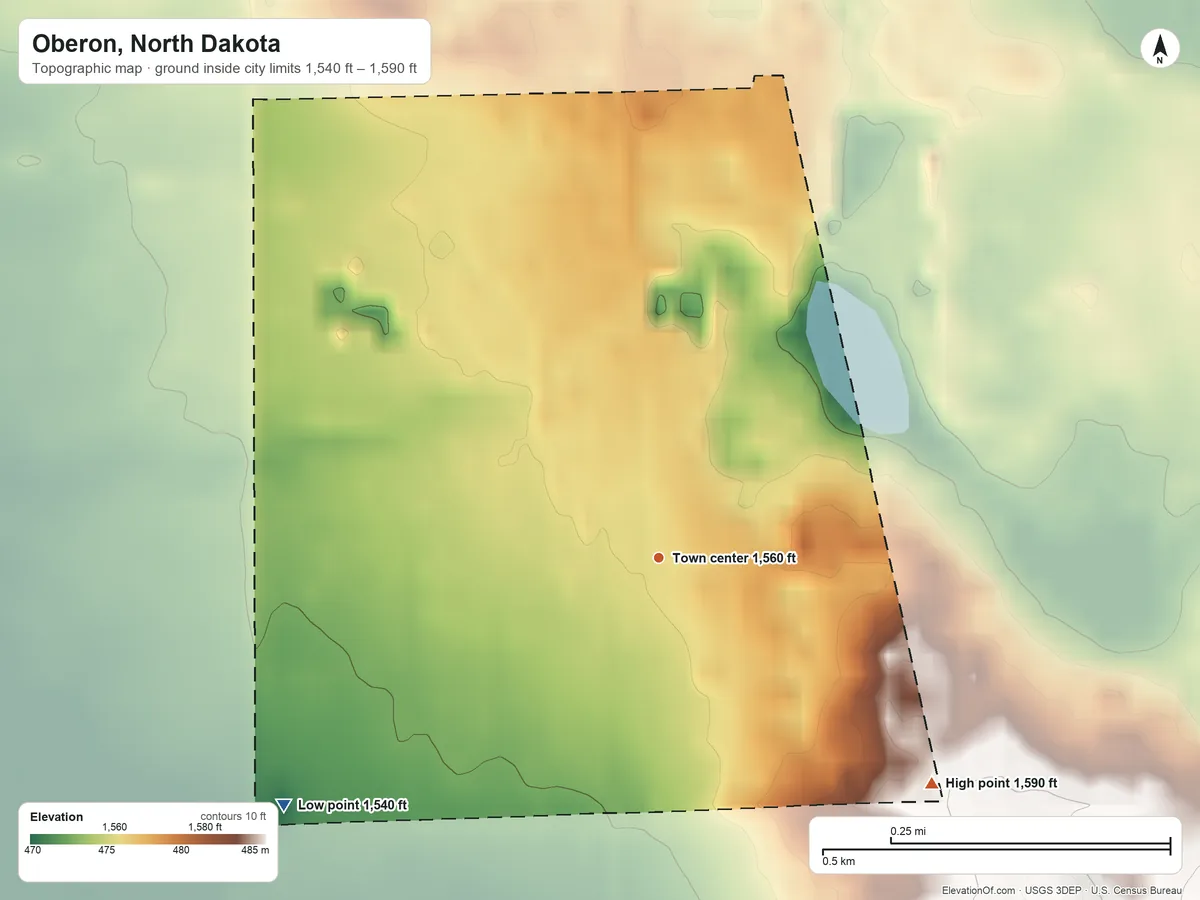 Topographic elevation map of Oberon, North Dakota, shaded from 1,540 ft on the southwest side to 1,590 ft on the southeast side
