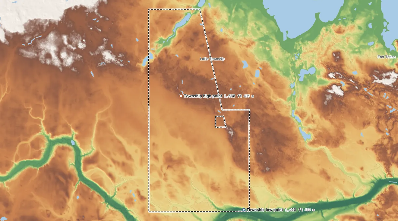Topographic elevation map of Oberon Township, North Dakota, shaded from 1,420 ft on the south side to 1,630 ft on the west side