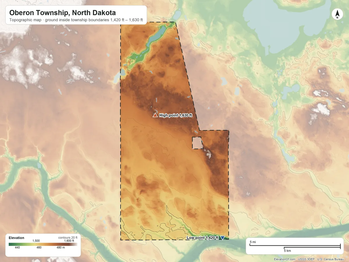 Topographic elevation map of Oberon Township, North Dakota, shaded from 1,420 ft on the south side to 1,630 ft on the west side