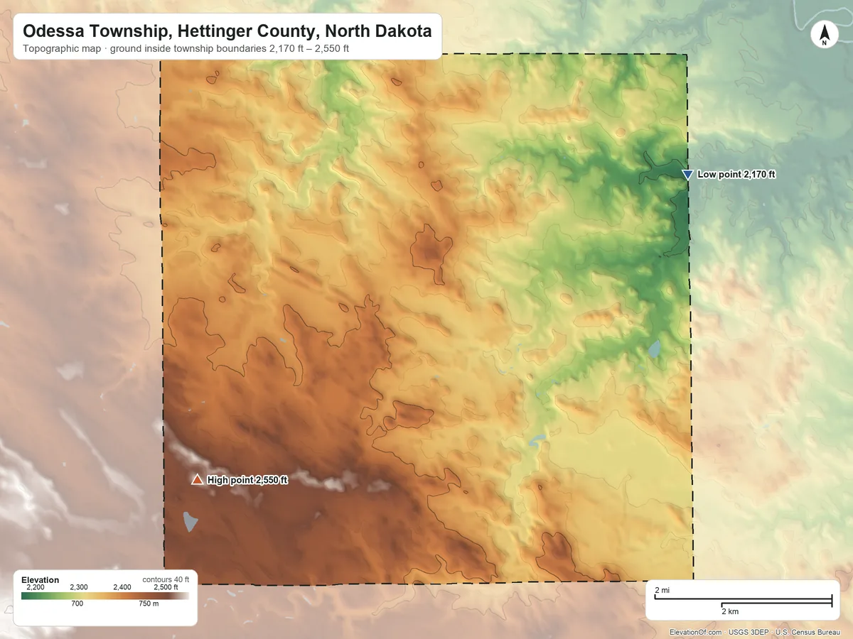 Topographic elevation map of Odessa Township, Hettinger County, North Dakota, shaded from 2,170 ft on the northeast side to 2,550 ft on the west side
