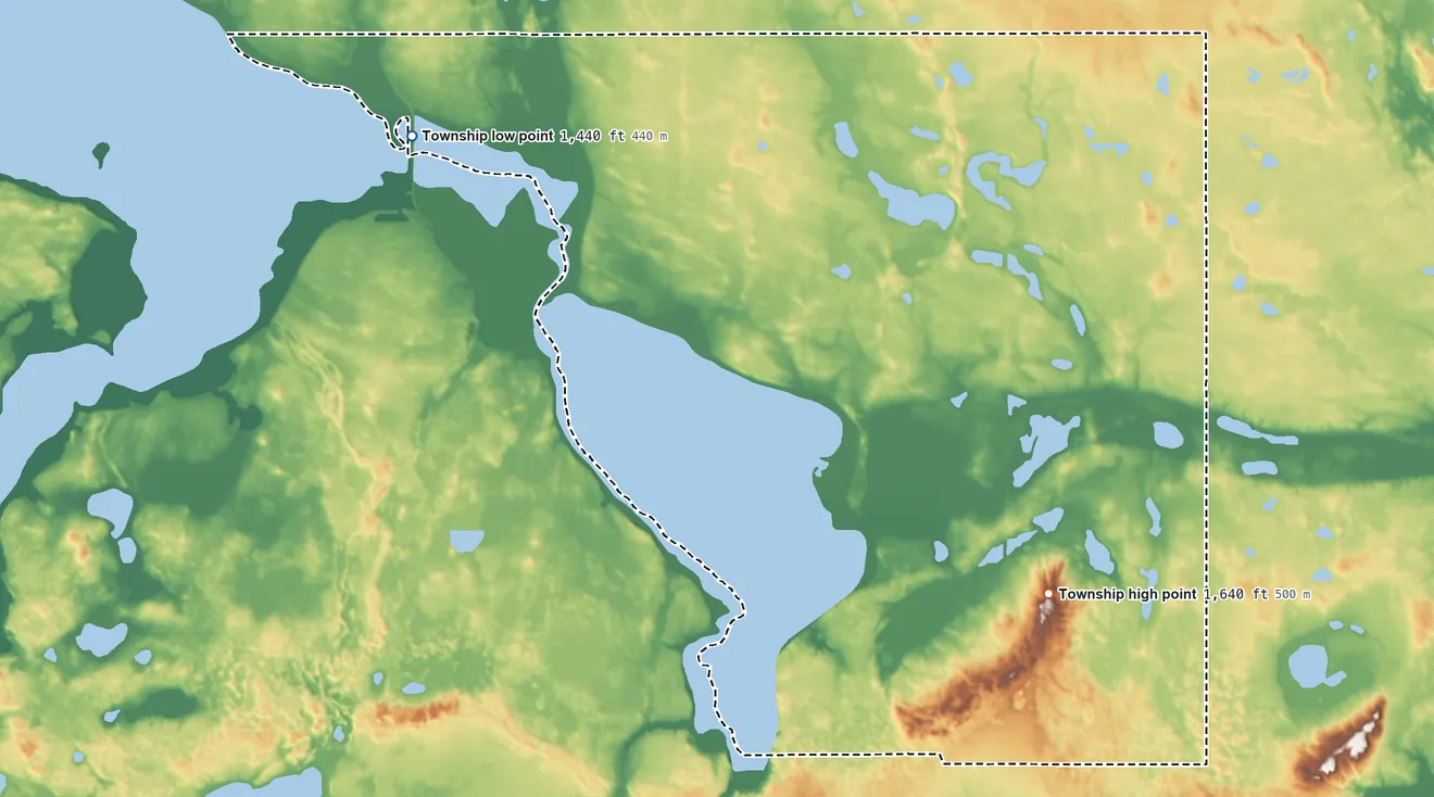 Topographic elevation map of Odessa Township, North Dakota, shaded from 1,440 ft on the west side to 1,640 ft on Devils Lake Mountain