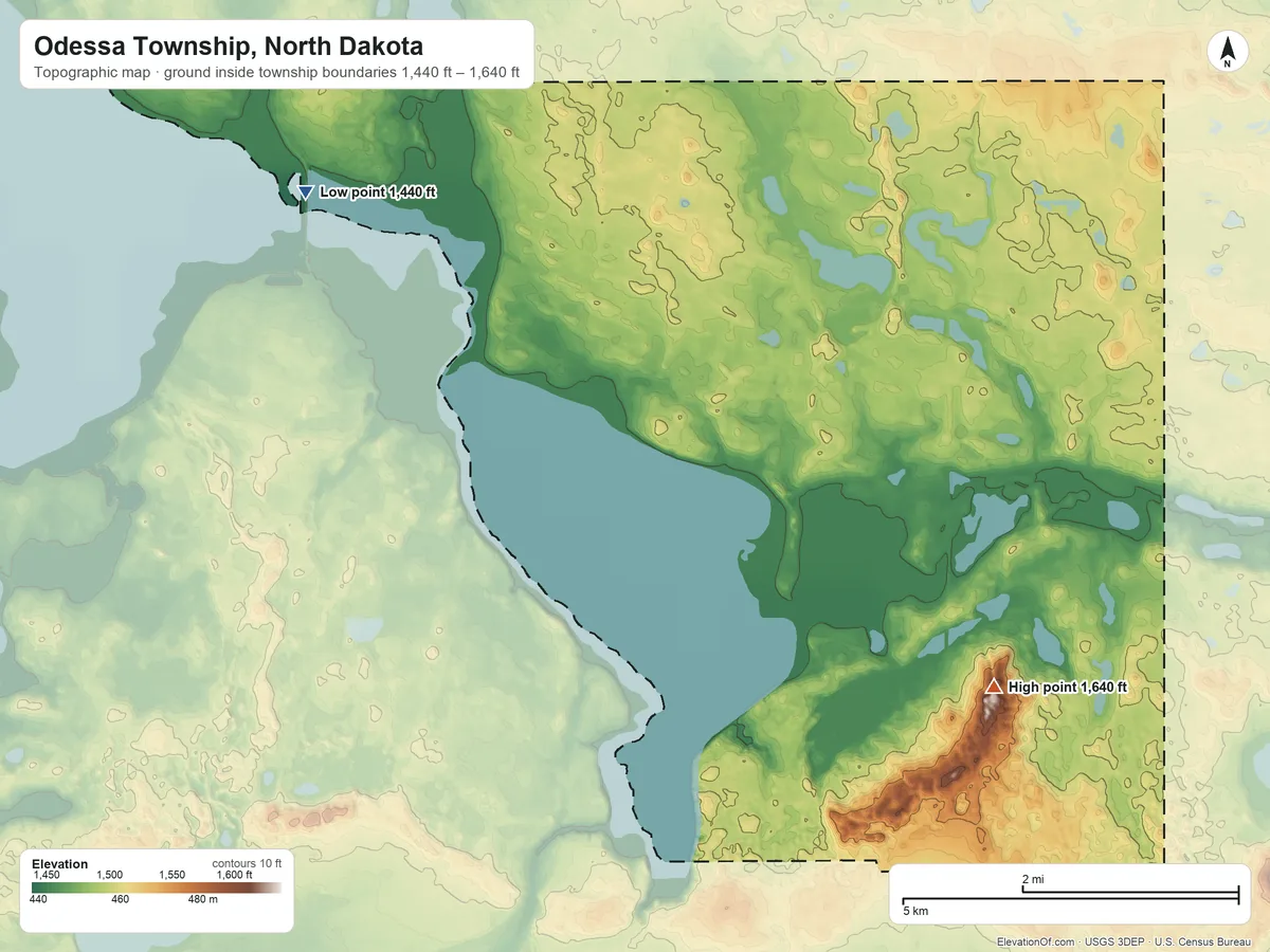Topographic elevation map of Odessa Township, North Dakota, shaded from 1,440 ft on the west side to 1,640 ft on Devils Lake Mountain