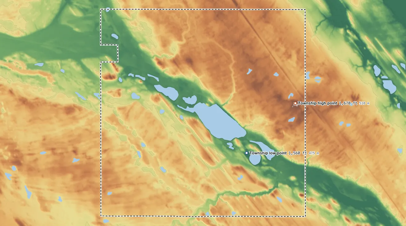 Topographic elevation map of Odin Township, North Dakota, shaded from 1,560 ft on the southeast side to 1,670 ft on the east side