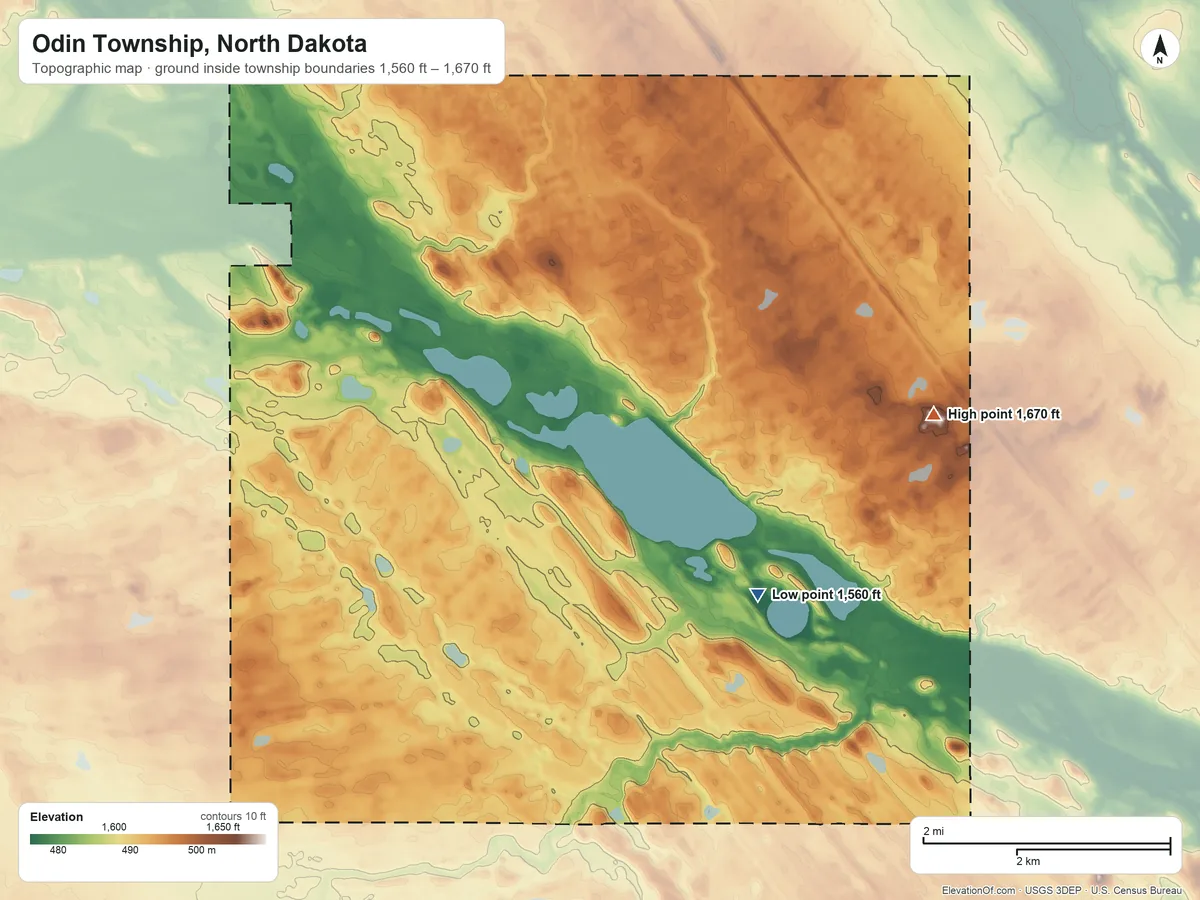 Topographic elevation map of Odin Township, North Dakota, shaded from 1,560 ft on the southeast side to 1,670 ft on the east side