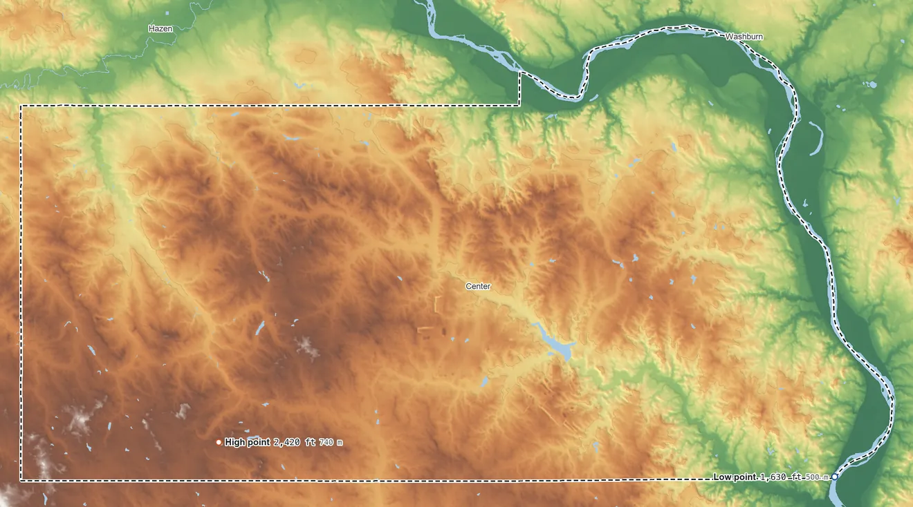 Topographic elevation map of Oliver County, North Dakota, shaded from 1,630 ft on the southeast side to 2,420 ft on the southwest side