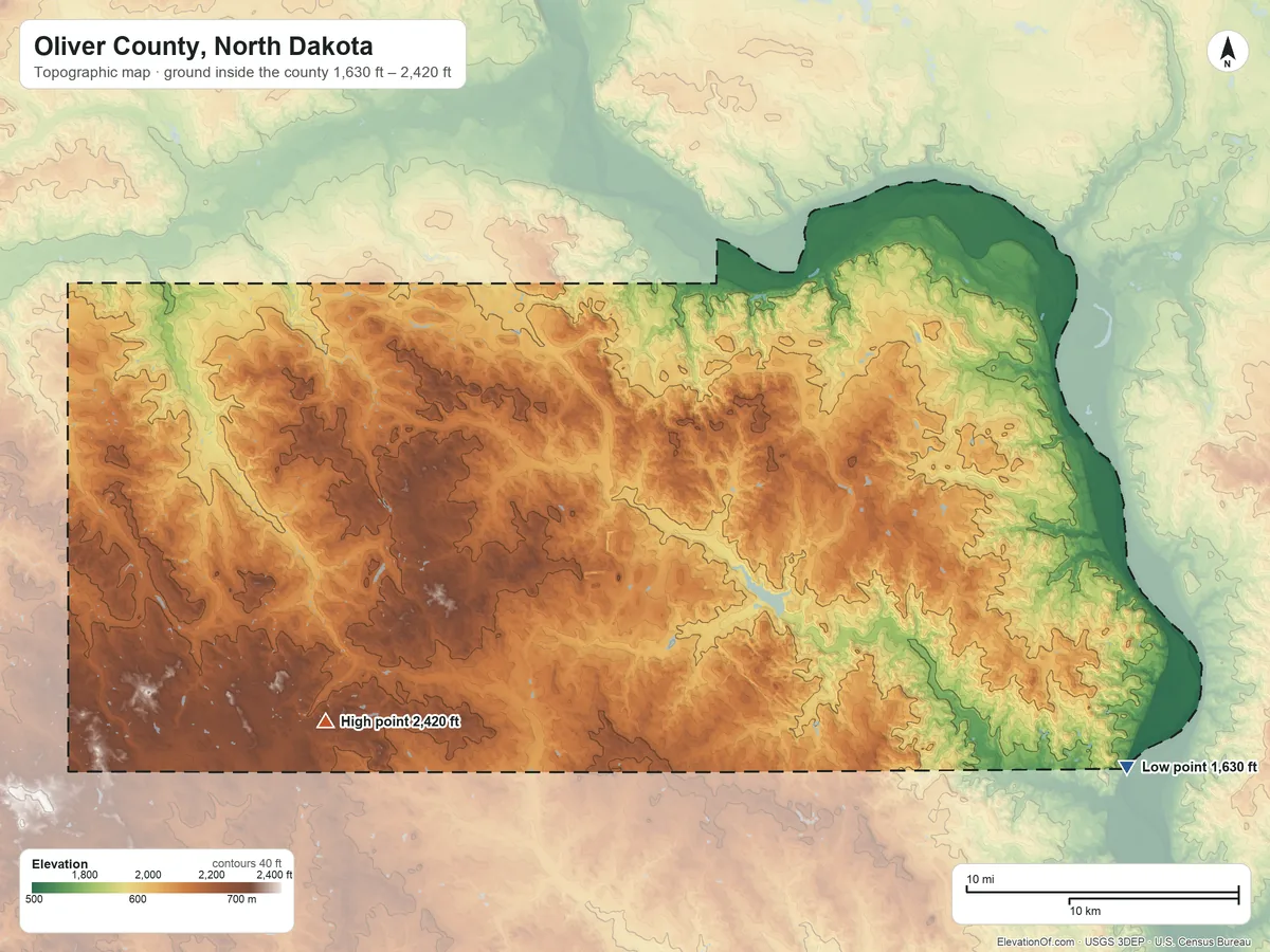 Topographic elevation map of Oliver County, North Dakota, shaded from 1,630 ft on the southeast side to 2,420 ft on the southwest side