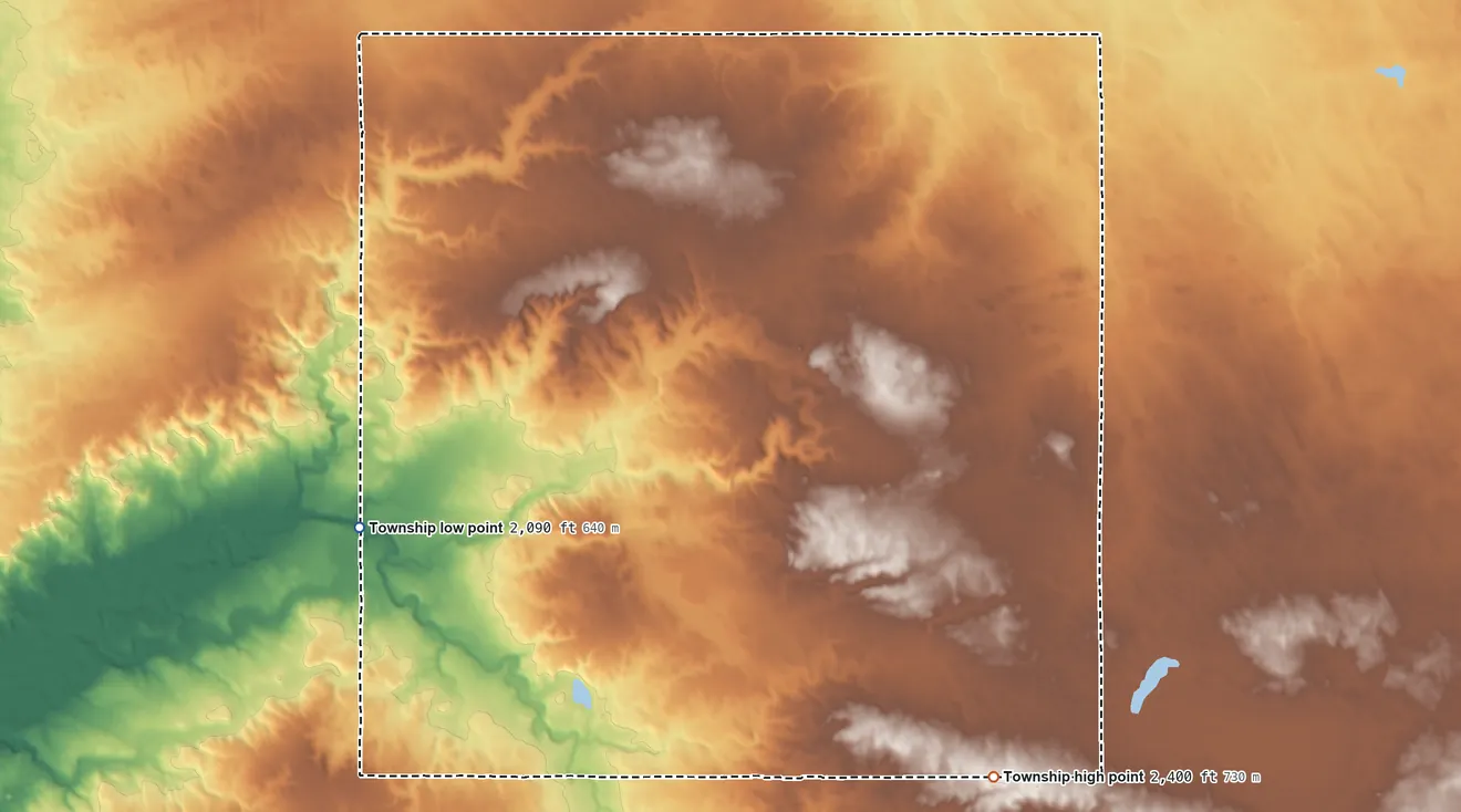 Topographic elevation map of Oliver Township, North Dakota, shaded from 2,090 ft on the west side to 2,400 ft on the south side