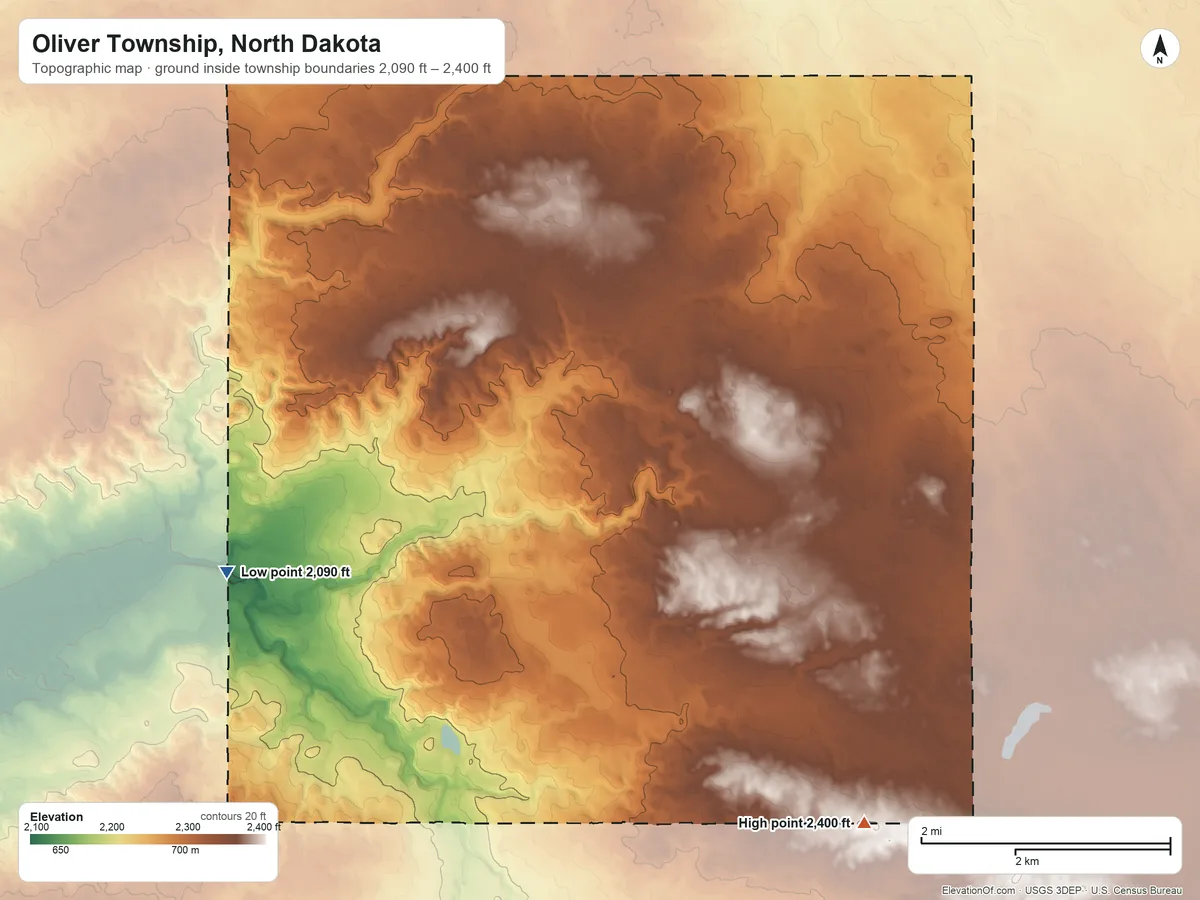 Topographic elevation map of Oliver Township, North Dakota, shaded from 2,090 ft on the west side to 2,400 ft on the south side