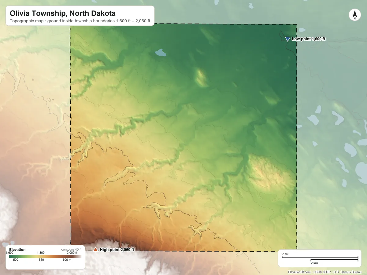 Topographic elevation map of Olivia Township, North Dakota, shaded from 1,600 ft on the northeast side to 2,060 ft on the southwest side