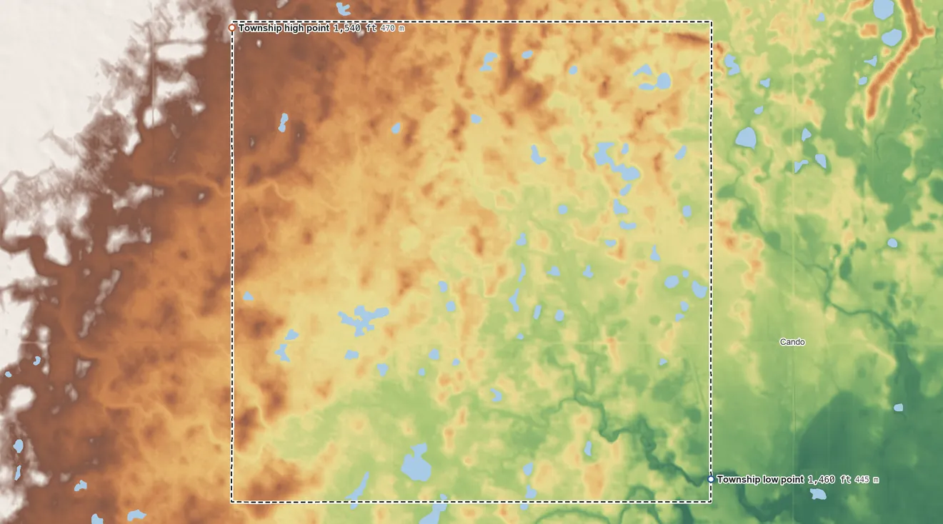 Topographic elevation map of Olson Township, North Dakota, shaded from 1,460 ft on the east side to 1,540 ft on the northwest side