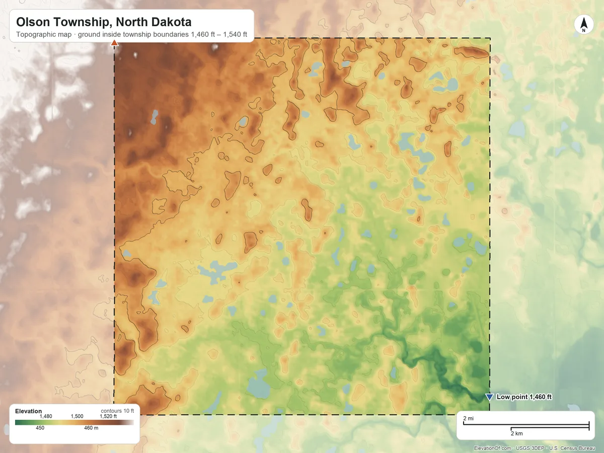Topographic elevation map of Olson Township, North Dakota, shaded from 1,460 ft on the east side to 1,540 ft on the northwest side