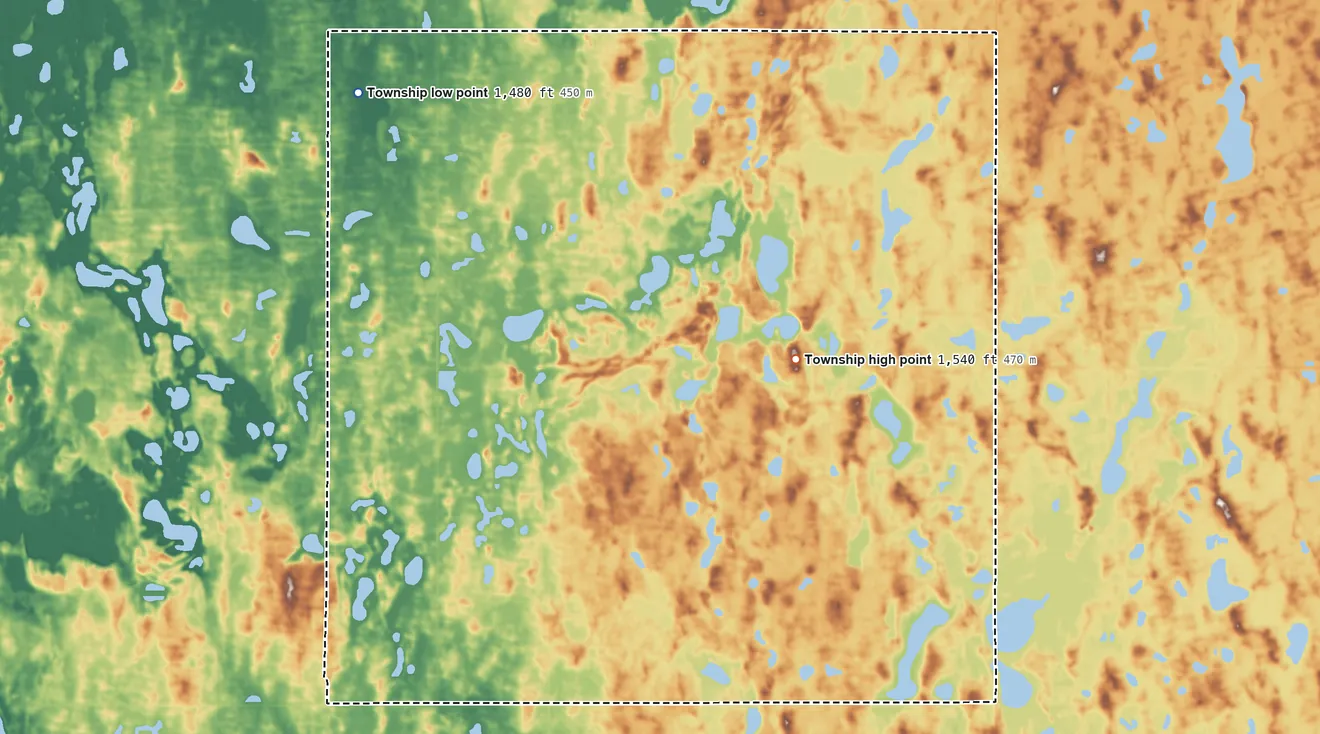 Topographic elevation map of Ontario Township, North Dakota, shaded from 1,480 ft on the northwest side to 1,540 ft on the northeast side