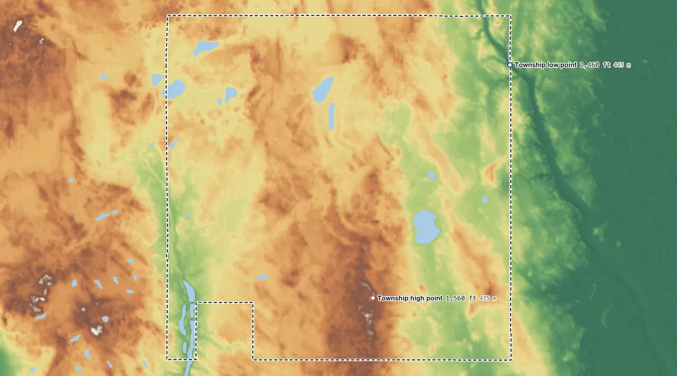 Topographic elevation map of Ora Township, North Dakota, shaded from 1,460 ft on the northeast side to 1,560 ft on the southeast side