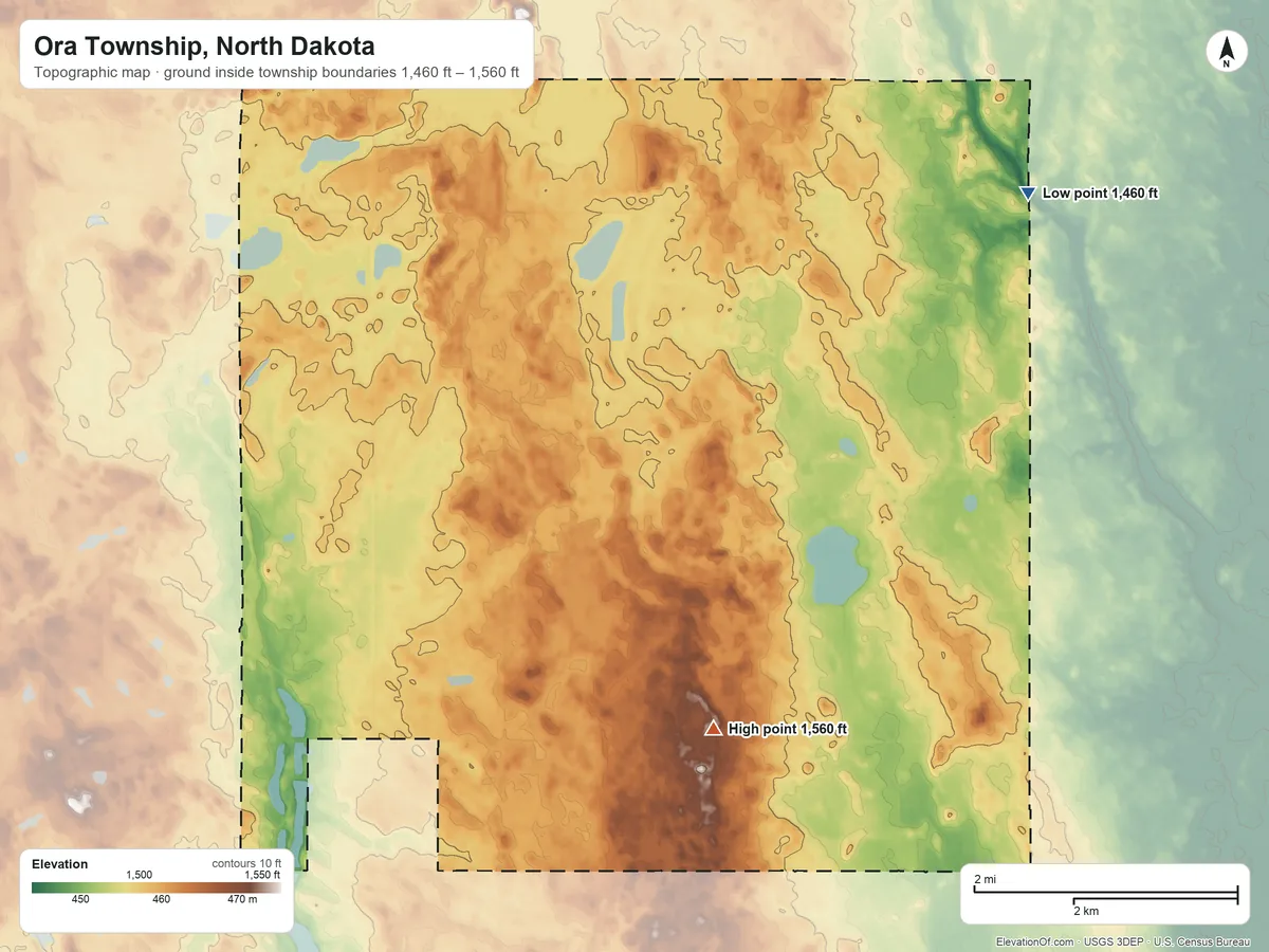 Topographic elevation map of Ora Township, North Dakota, shaded from 1,460 ft on the northeast side to 1,560 ft on the southeast side