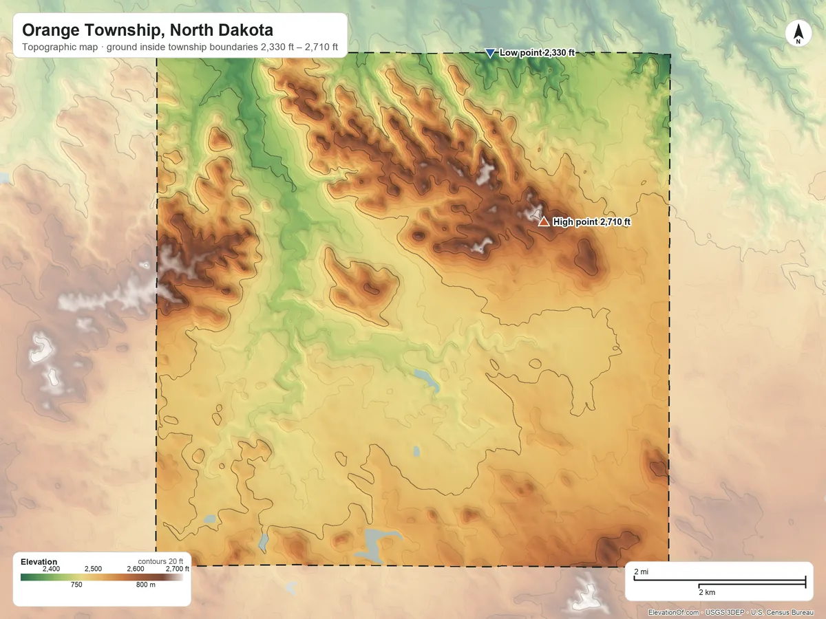 Topographic elevation map of Orange Township, North Dakota, shaded from 2,330 ft on the northeast side to 2,710 ft on the east side
