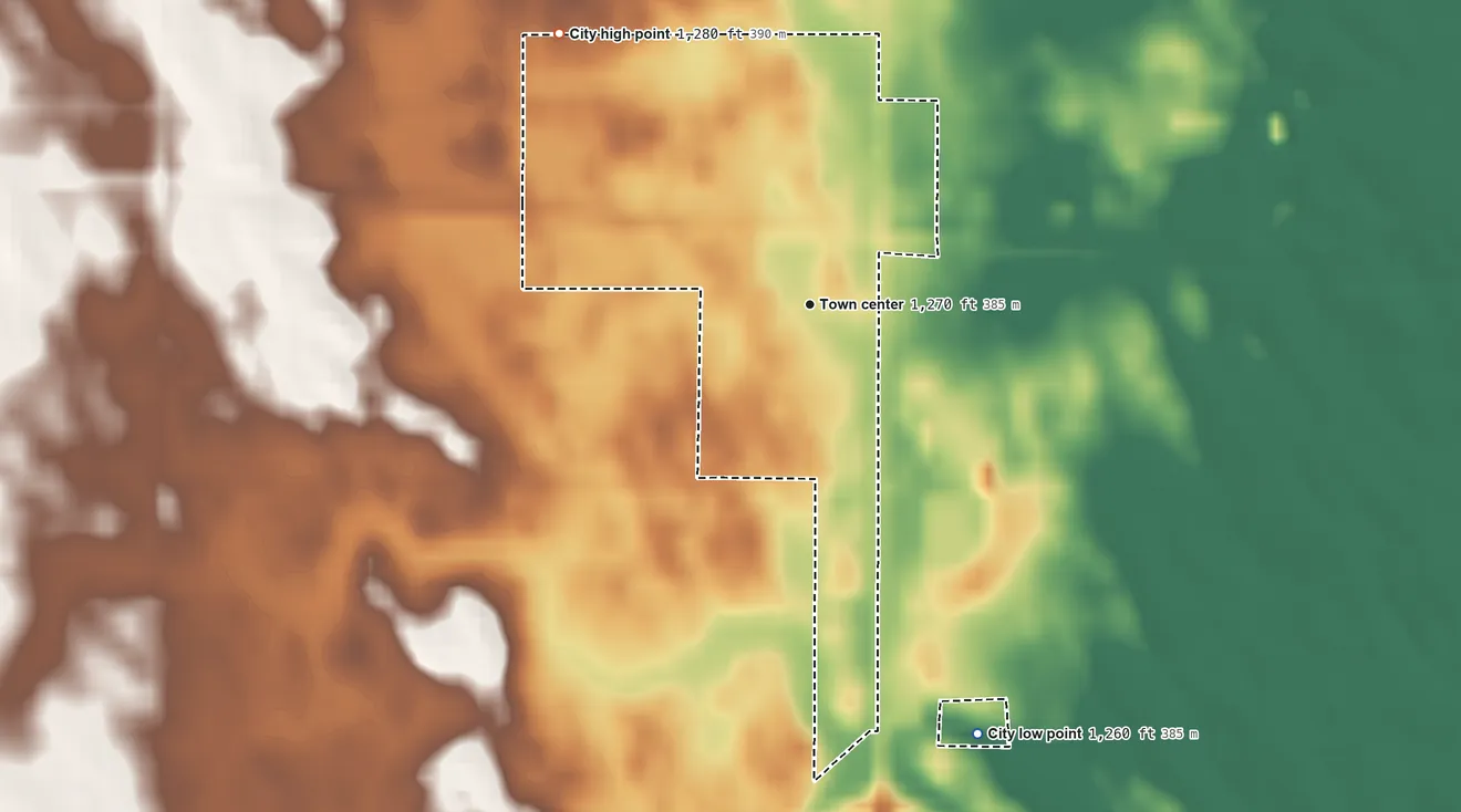 Topographic elevation map of Oriska, North Dakota, shaded from 1,260 ft on the south side to 1,280 ft on the northwest side
