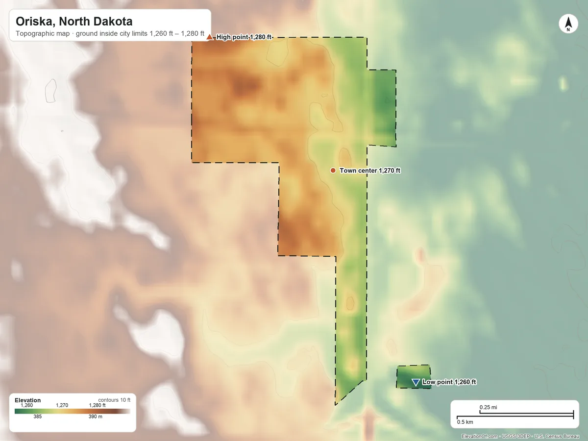 Topographic elevation map of Oriska, North Dakota, shaded from 1,260 ft on the south side to 1,280 ft on the northwest side