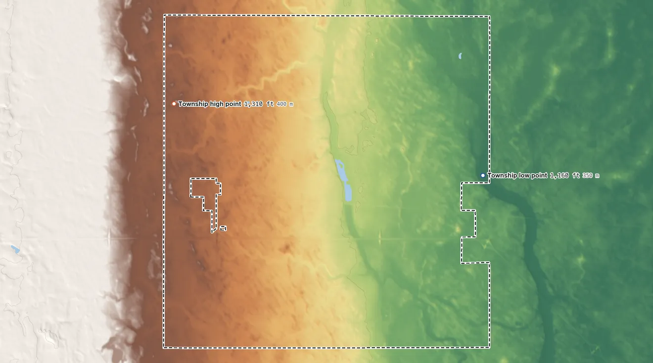 Topographic elevation map of Oriska Township, North Dakota, shaded from 1,160 ft on the east side to 1,310 ft on the west side