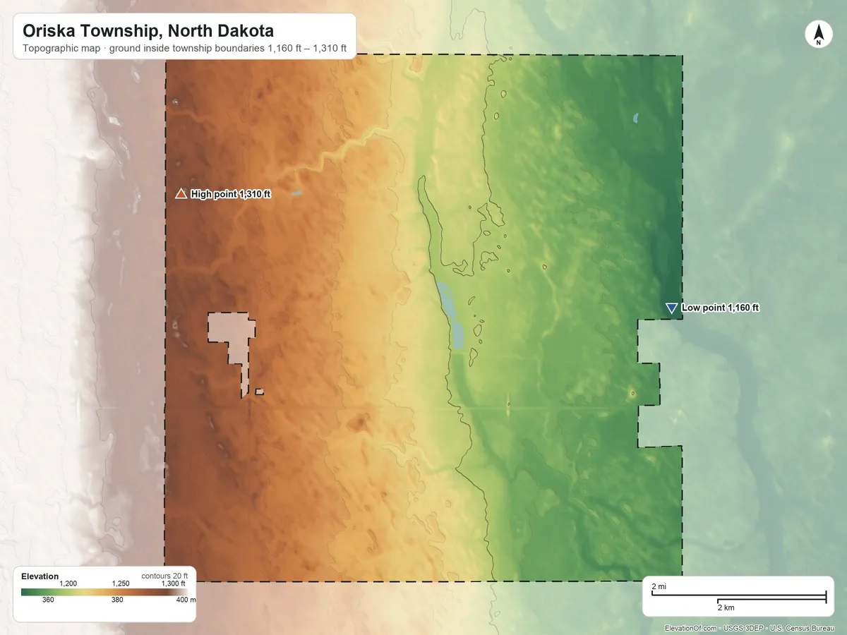 Topographic elevation map of Oriska Township, North Dakota, shaded from 1,160 ft on the east side to 1,310 ft on the west side