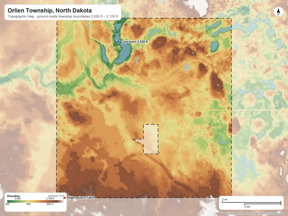 Topographic elevation map of Orlien Township, North Dakota, shaded from 2,030 ft on the northwest side to 2,120 ft on the southwest side