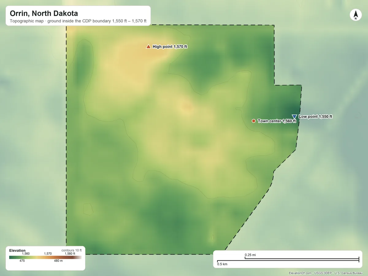 Topographic elevation map of Orrin, North Dakota, shaded from 1,550 ft on the east side to 1,570 ft on the northwest side