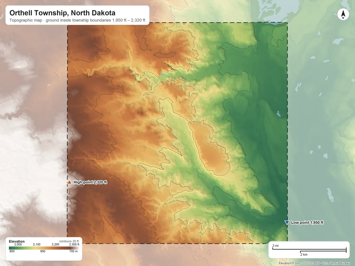 Topographic elevation map of Orthell Township, North Dakota, shaded from 1,950 ft on the southeast side to 2,320 ft on the southwest side