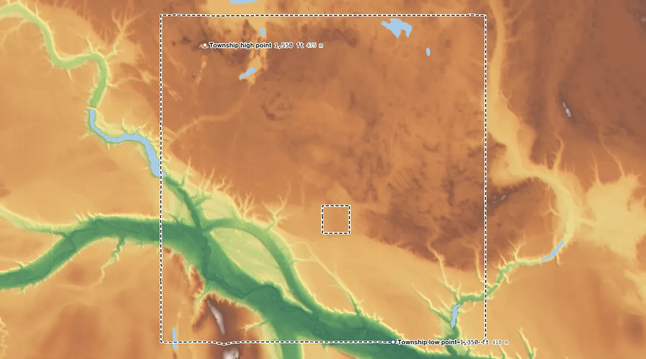 Topographic elevation map of Osago Township, North Dakota, shaded from 1,350 ft on the southeast side to 1,550 ft on the northwest side