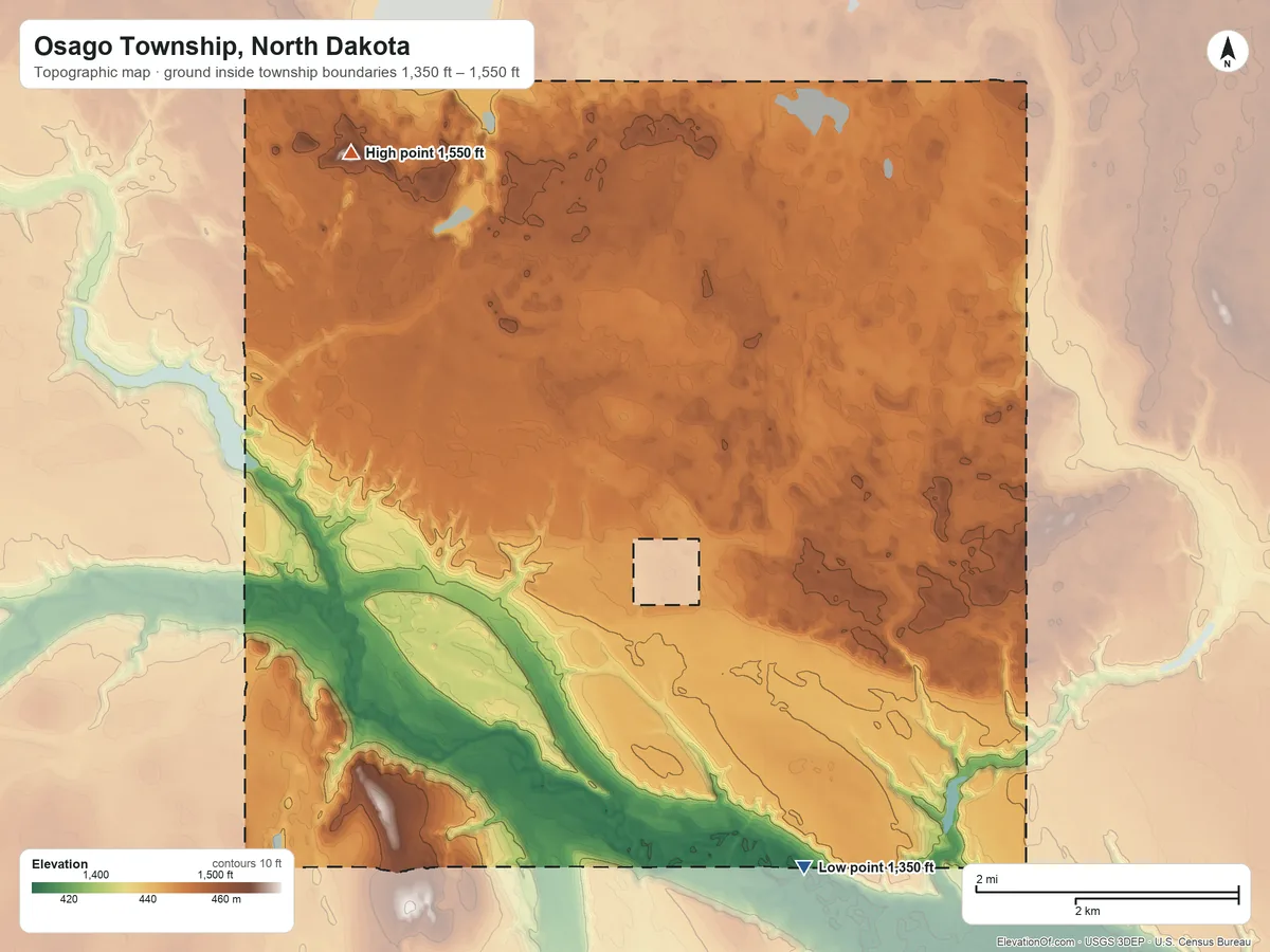 Topographic elevation map of Osago Township, North Dakota, shaded from 1,350 ft on the southeast side to 1,550 ft on the northwest side