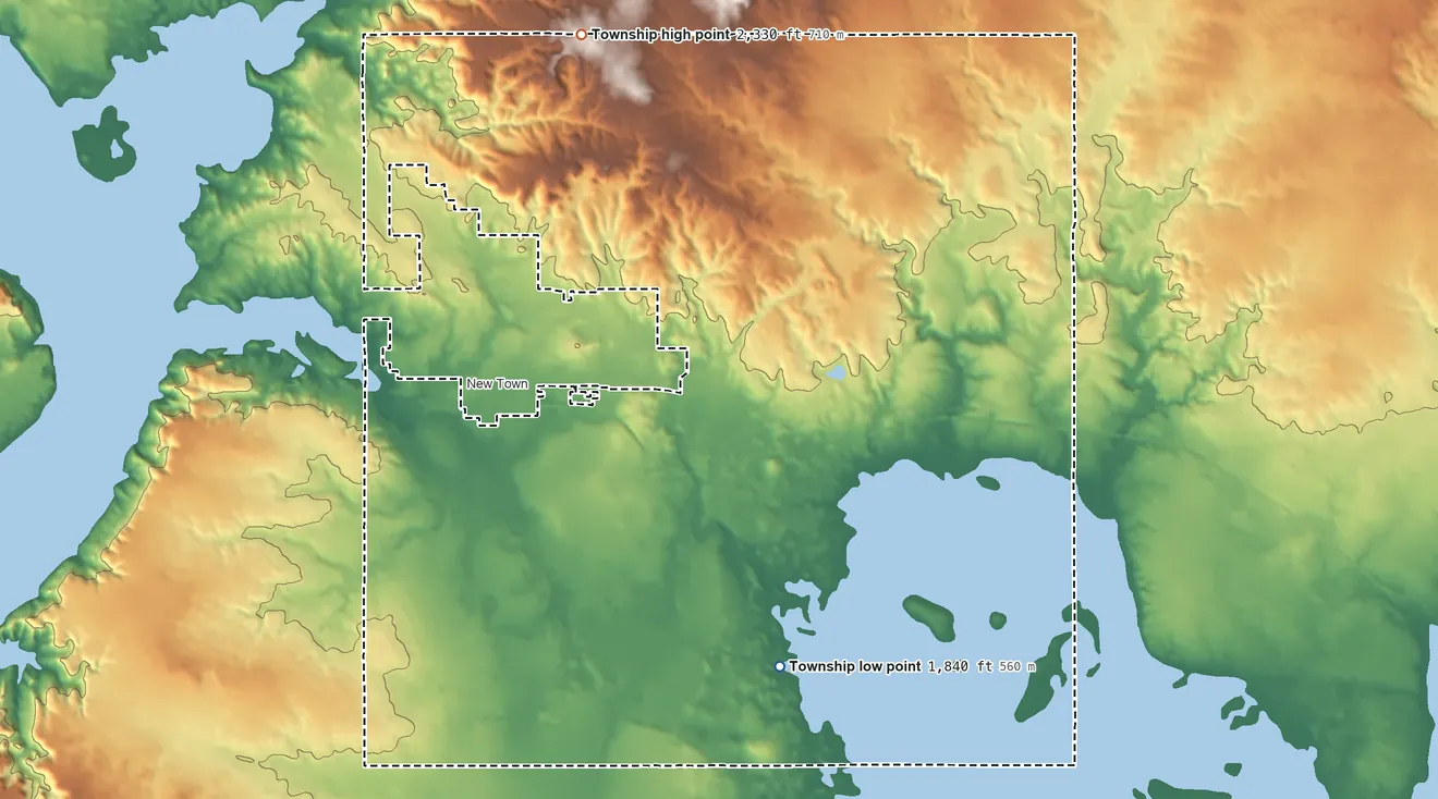 Topographic elevation map of Osborn Township, North Dakota, shaded from 1,840 ft on the south side to 2,330 ft on the northwest side