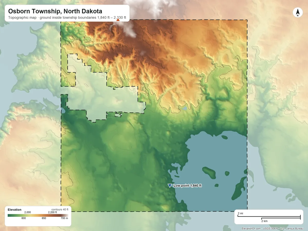 Topographic elevation map of Osborn Township, North Dakota, shaded from 1,840 ft on the south side to 2,330 ft on the northwest side