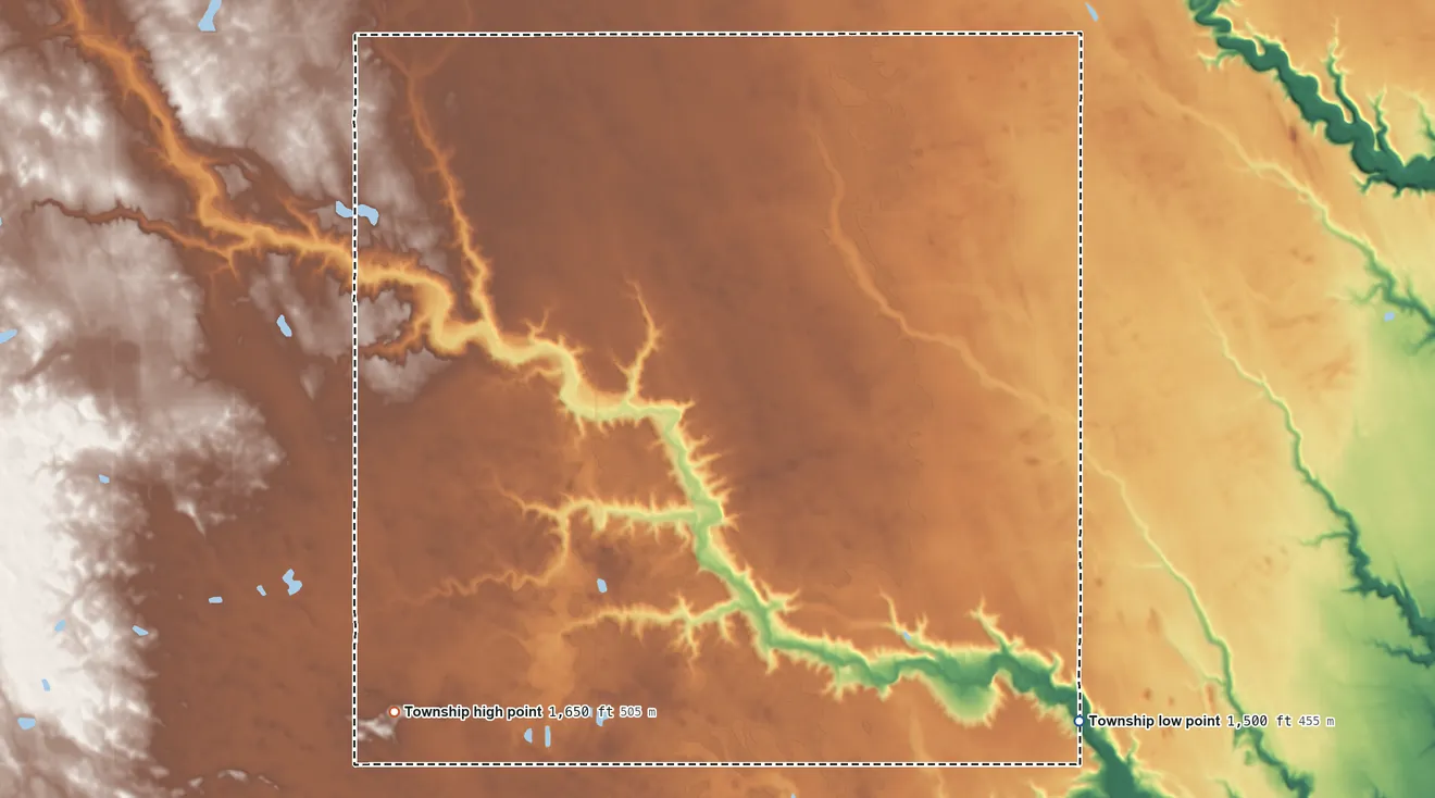 Topographic elevation map of Osford Township, North Dakota, shaded from 1,500 ft on the southeast side to 1,650 ft on the southwest side